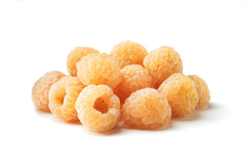 Fresh ripe yellow raspberries on a white background. Yellow raspberries, Berry harvest, Ripe delicious raspberries for desserts. Isolated yellow raspberry for design work.