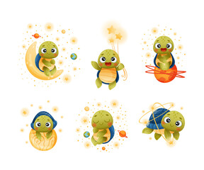 Space adventures of baby turtle set. Funny little tortoise traveling in space cartoon vector illustration
