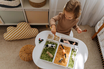 A little girl playing with farm animals in sensory bin in nursery. Educational game. Learning...