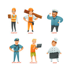 People of different professions set. Engineer, builder, captain, police officer, freelancer, chef cartoon vector illustration