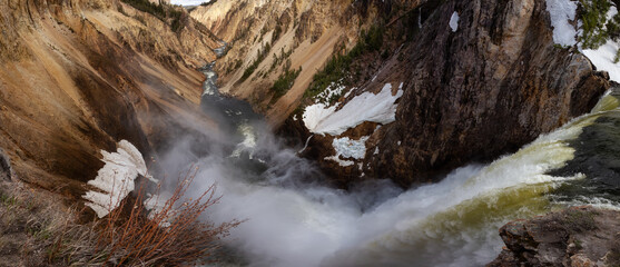 Rocky Canyon, River and Waterfall in American Landscape. Grand Canyon of The Yellowstone. Yellowstone National Park. United States. Nature Background.