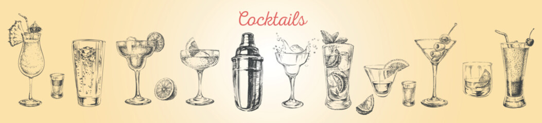 Set sketch cocktails and alcohol drinks hand drawn illustration