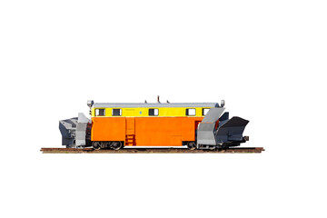 Old two-way snowplow, plow SDPM-1678. Isolated view of orange color railway snow removal machine on rails on a white background.