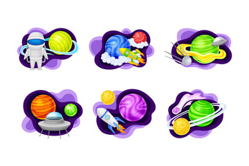 Space objects set. Astronaut, rocket, satellite, ufo spaceship, planet cartoon vector illustration © Happypictures