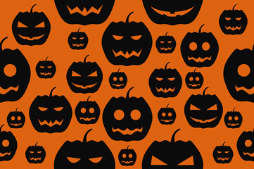 Illustration of pumpkin seamless pattern with scary smile, Halloween holiday concept.  printing on T-shirts, paper, packaging for goods.  signboard, banners, articles.