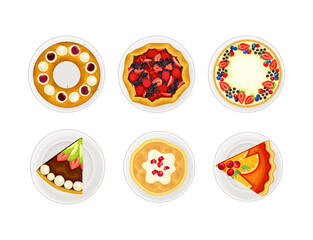 Set of tasty desserts. Pies with fruit and berries, pancakes confectionery assortment cartoon vector illustration