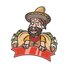 Cartoon Mascot of Bearded Boy Mexican Food and Taco.