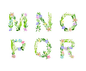 Meadow flowers alphabet. M,N,O,P,Q,R English capital letters made of flowers and green leaves cartoon vector illustration