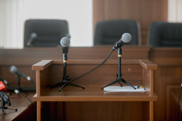 microphone in the courtroom of the Russian court - obrazy, fototapety, plakaty
