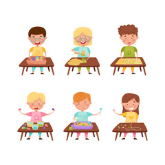Cute kids standing at table and playing with sand, beads and buttons set. Preschool activities and early childhood education cartoon vector illustration