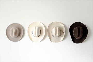 Four cowboy hats hung on a wall in various shades of white and brown against a white background with natural lighting.