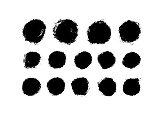 Hand drawn black circles isolated on white background. Black painted round shapes with rough edges. Set of different circle brush strokes. Hand drawn geometric shapes collection.