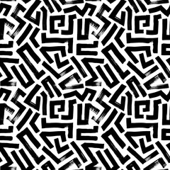 Abstract geometric labyrinth seamless pattern. Hand drawn vector seamless pattern with bold square lines. Black and white intricate vector background with straight brush strokes. Tech design. 