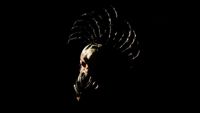 Punk Skull VJ Loop - stylized punk rock skull with spiky bones on the head moving on the beat in seamless loop. Use it in your next VJ thematic sets, metal and gothic festivals, Halloween rave parties