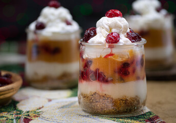 Christmas pumpkin and cramberry mousse served in individual glasses