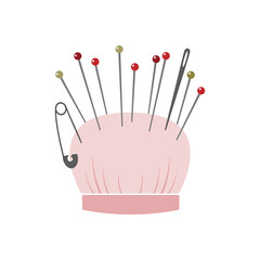 Pincushion vector illustration. Sewing needle and pins stuck on a pin holder. 