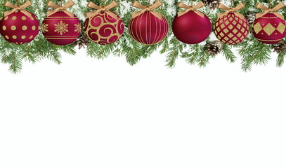 Christmas ball and green pine tree branch with cone winter isolated white festive  background copy space template banner