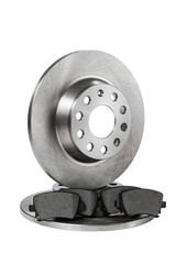 New set of brake discs and brake pads on a white background. Vertical format, isolated object.