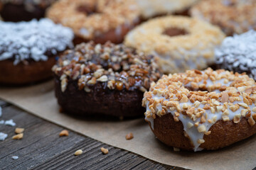 Ganache Glazed Donuts, Sprinkled with Various Crushed Nuts