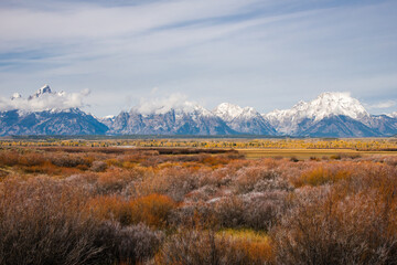 View of the Grand Teton Mountain Range across Antelope Flats