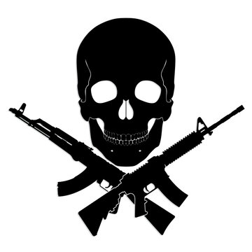 skull with crossed riffle guns/ black white illustration