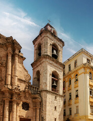 Fototapeta na wymiar tower of the cathedral of havana building in the old havana neighborhood
