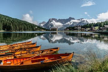 Lake Misurina,Lago di Misurina is pearl of the Dolomites.Mountain lake in Italy with wooden boats,Veneto region,Sorapis mountain group.Perfect destination for hiking.Touristic resort for holiday
