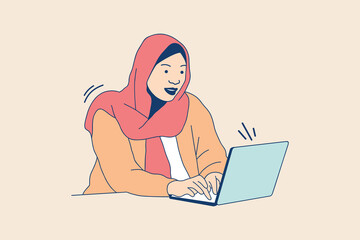 Illustrations of Beautiful modern teenagers muslim students working with laptop