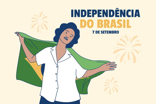 Illustrations of Beautiful Brazilian woman holding Brazil flag for 7 de setembro independence day concept