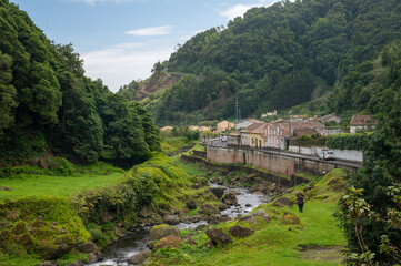 Fototapeta na wymiar Lush mountain valley with river