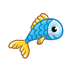 Cute blue fish smiling on a white background. Vector illustration