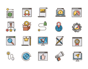 Filled outline Icons Set of Search Engine Optimization icons, Simple Mono Line Pictogram Pack, Vector Logo Concept, Web Graphic. Vector icons.