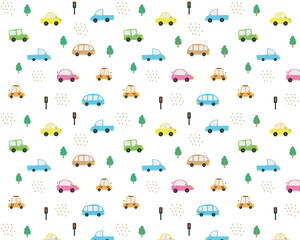 Obraz premium Baby car pattern with traffic lights and trees