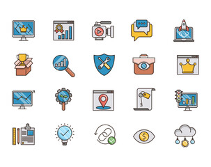 Filled outline Icons Set of Search Engine Optimization icons, Simple Mono Line Pictogram Pack, Vector Logo Concept, Web Graphic. Vector icons.