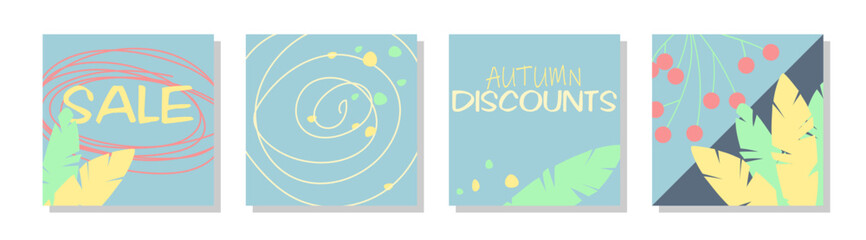 Thematic images of autumn promotions and black friday. Sale and low prices -50% off vector set of design illustrations. Drawings in the style of autumn, leaves, grass, sun, cones and mushrooms