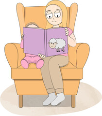 Mother reading fairy tale book to baby child and sitting on armchair. Cute cartoon illustration isolated on white.