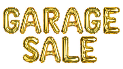 Garage Sale balloons. Sale, Clearance, discount. Yellow Gold foil helium balloon. Words good for home, house, store, shop, shopping mall. English Alphabet Letters. Isolated white background.