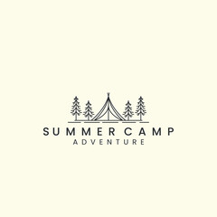 tent logo with linear vector illustration, summer camp, tree icon template design © SD22