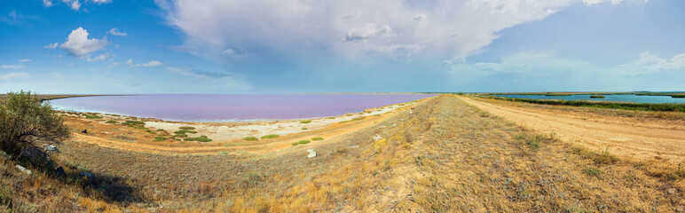 Pink salty Syvash Lake and blue fresh lake by the dam, Ukraine