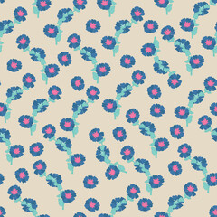 Fototapeta na wymiar Seamless decorative elegant pattern with cute blue flowers. Print for textile, wallpaper, covers, surface. For fashion fabric. Retro stylization.