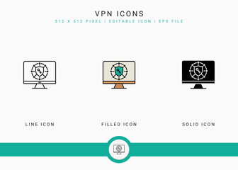Fototapeta premium VPN icons set vector illustration with solid icon line style. Secure server concept. Editable stroke icon on isolated background for web design, user interface, and mobile application