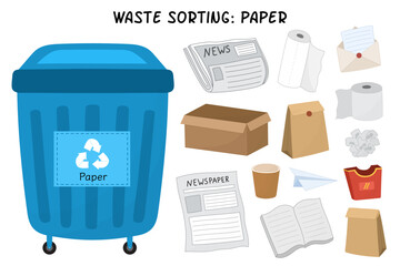 Paper waste sorting set. Blue trash can for paper and cardboard garbage. Separating and recycling objects collection. Vector illustration - obrazy, fototapety, plakaty