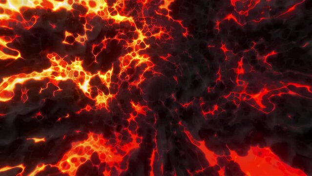 Tunnel through a volcano or the middle of the Earth. Motion. Flying through red lava texture, hell background.