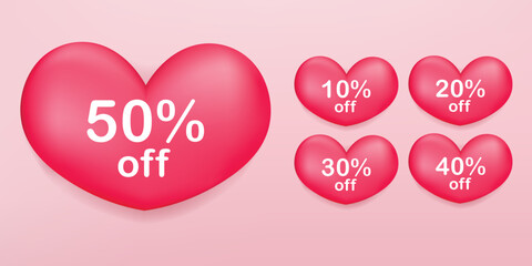 3D Heart shape in discount percent collection. 3D vector rendering design.