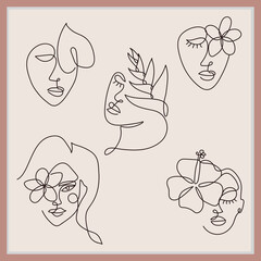 Abstract women face line art design with flower
