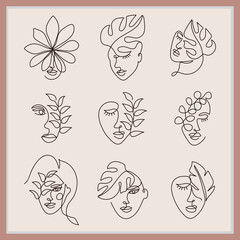 Abstract women face line art design with leaf