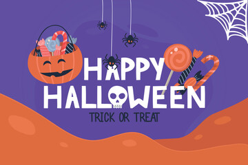 Halloween trick or treat holiday poster flat vector template. The festive tradition of October, the design of the invitation flyer for the celebration.