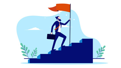 Successful businessman reaching top - Person walking up stair holding flag of victory and success. Flat design vector illustration with white background