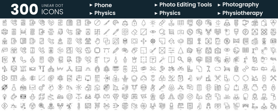 Set of 300 thin line icons set. In this bundle include phone, photo editing tools, photography, physics, physiotherapy