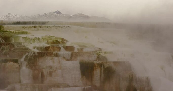 Steam rises and water bubbles in Mammoth Hot Spring in Yellowstone National Park